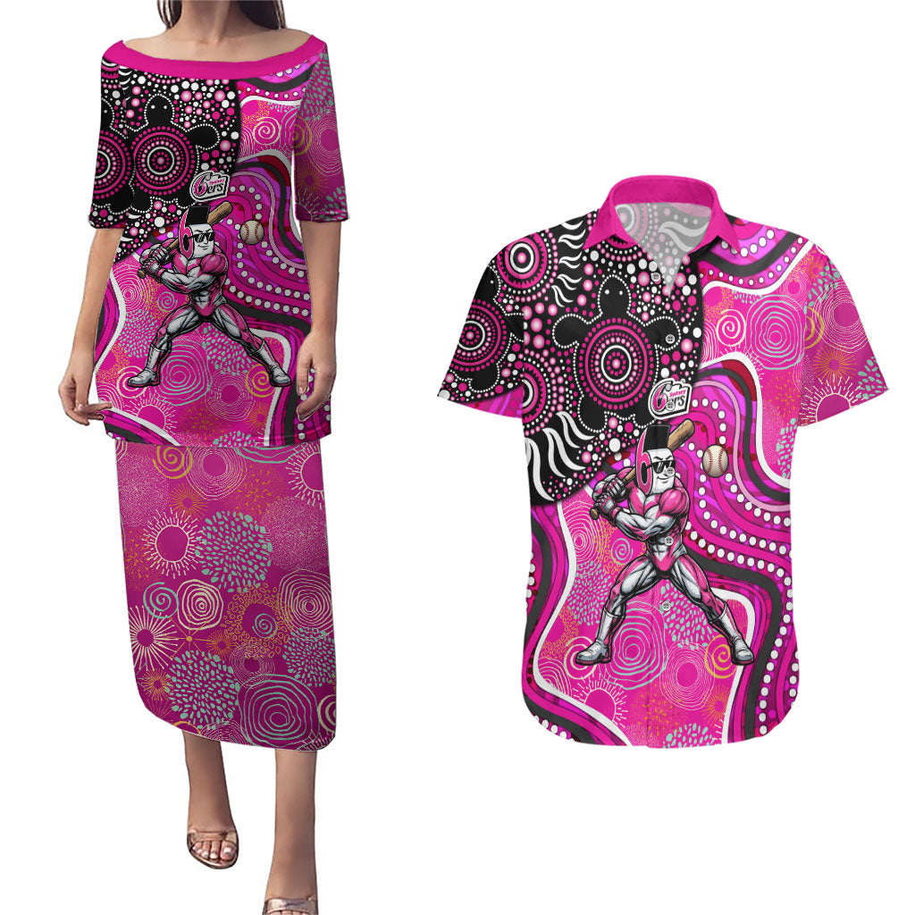 Sydney Sixers Couples Matching Puletasi and Hawaiian Shirt Indigenous Dot Art Superhero Batter Tribal Pattern