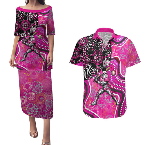 Sydney Sixers Couples Matching Puletasi and Hawaiian Shirt Indigenous Dot Art Superhero Batter Tribal Pattern