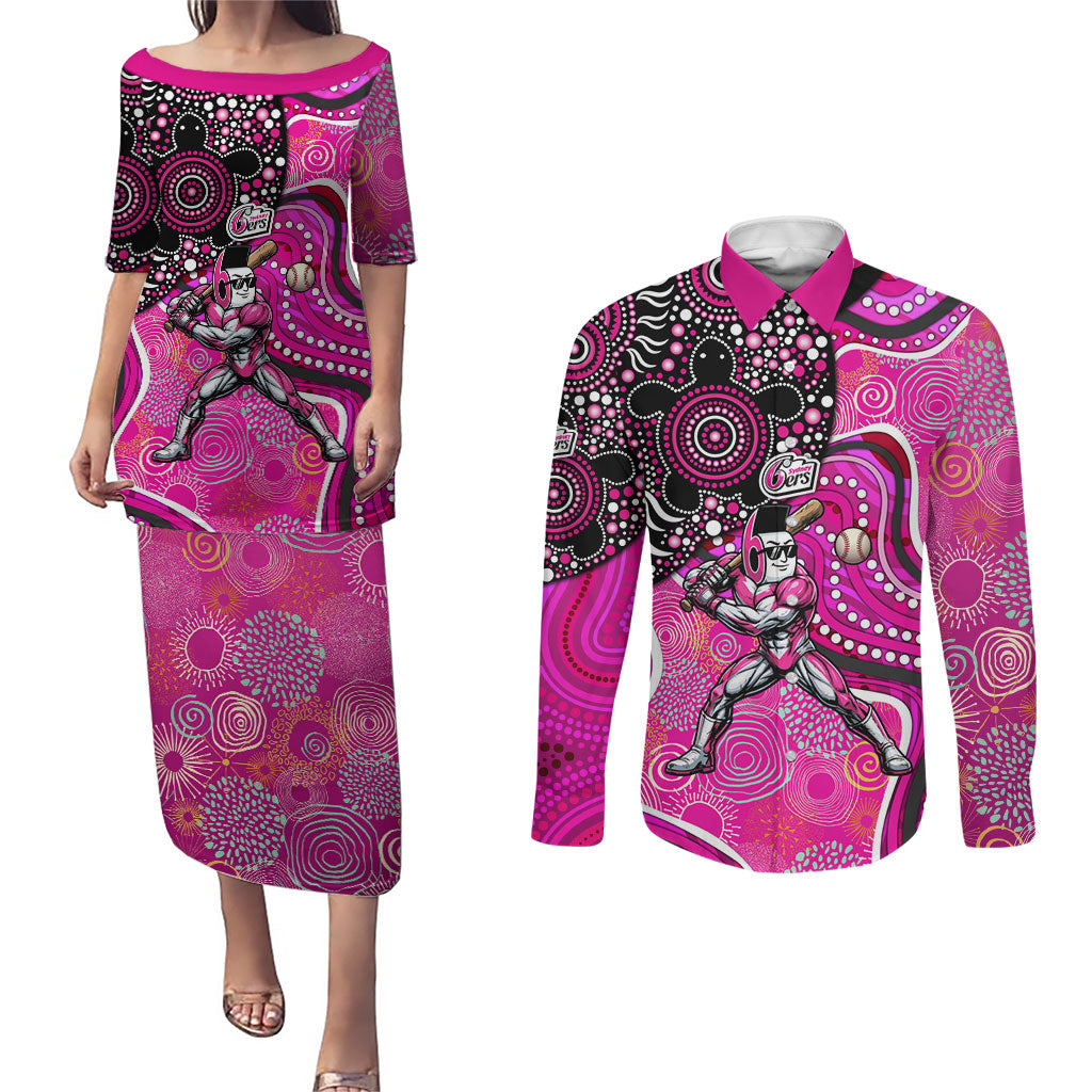 Sydney Sixers Couples Matching Puletasi and Long Sleeve Button Shirt Indigenous Dot Art Superhero Batter Tribal Pattern