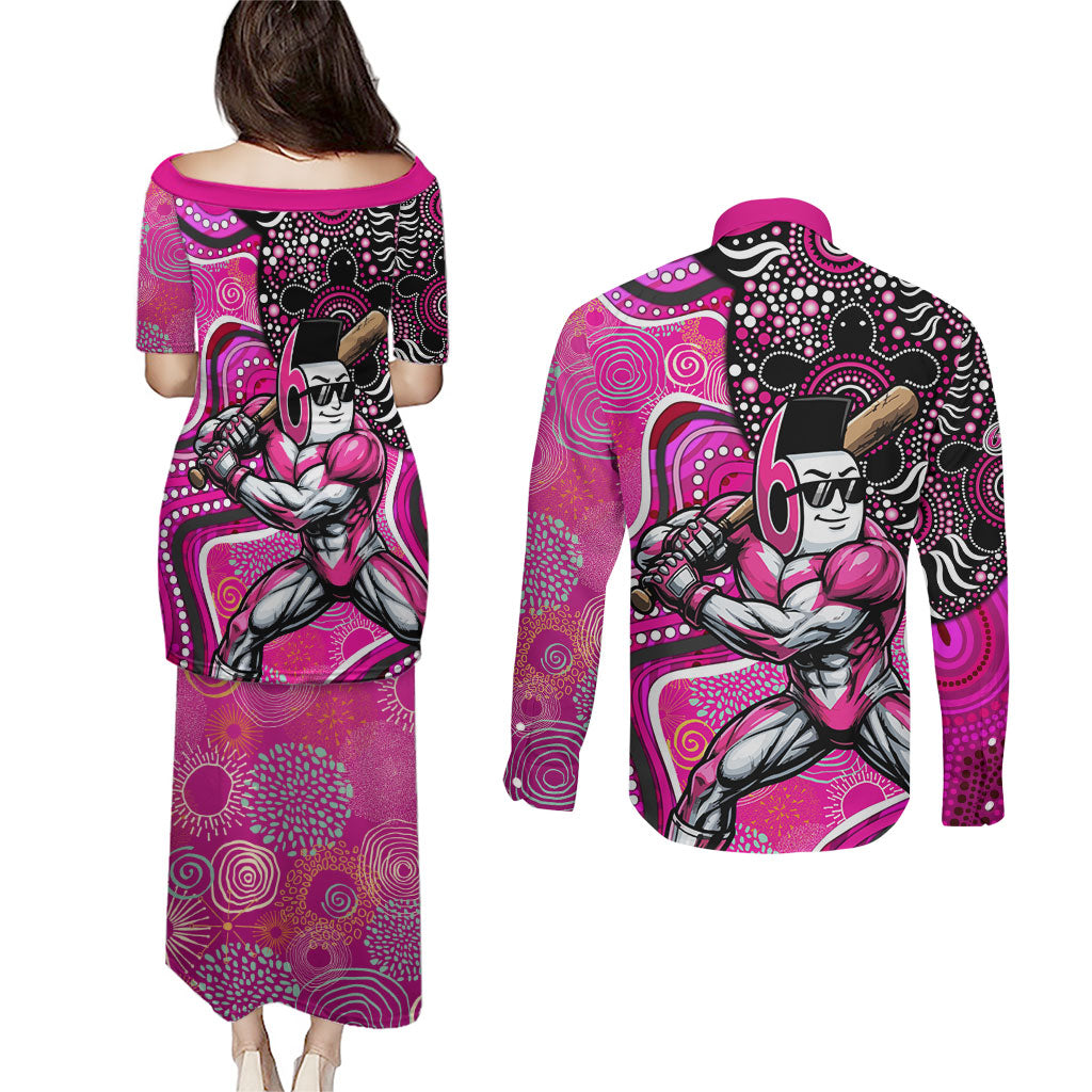 Sydney Sixers Couples Matching Puletasi and Long Sleeve Button Shirt Indigenous Dot Art Superhero Batter Tribal Pattern