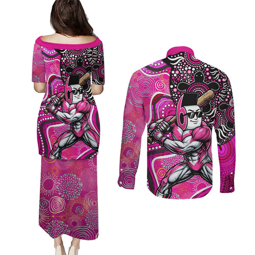Sydney Sixers Couples Matching Puletasi and Long Sleeve Button Shirt Indigenous Dot Art Superhero Batter Tribal Pattern