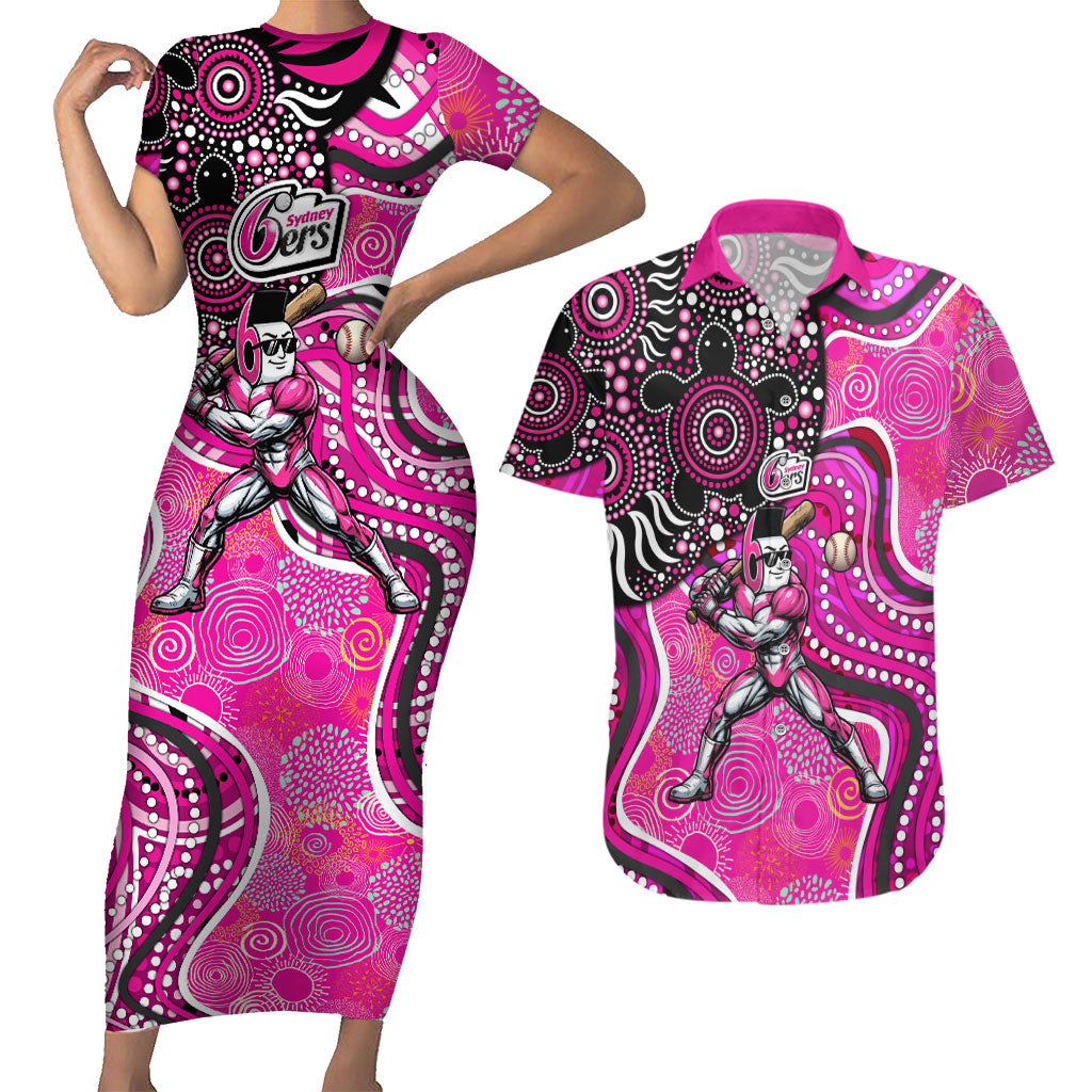 Sydney Sixers Couples Matching Short Sleeve Bodycon Dress and Hawaiian Shirt Indigenous Dot Art Superhero Batter Tribal Pattern