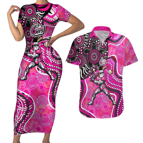 Sydney Sixers Couples Matching Short Sleeve Bodycon Dress and Hawaiian Shirt Indigenous Dot Art Superhero Batter Tribal Pattern