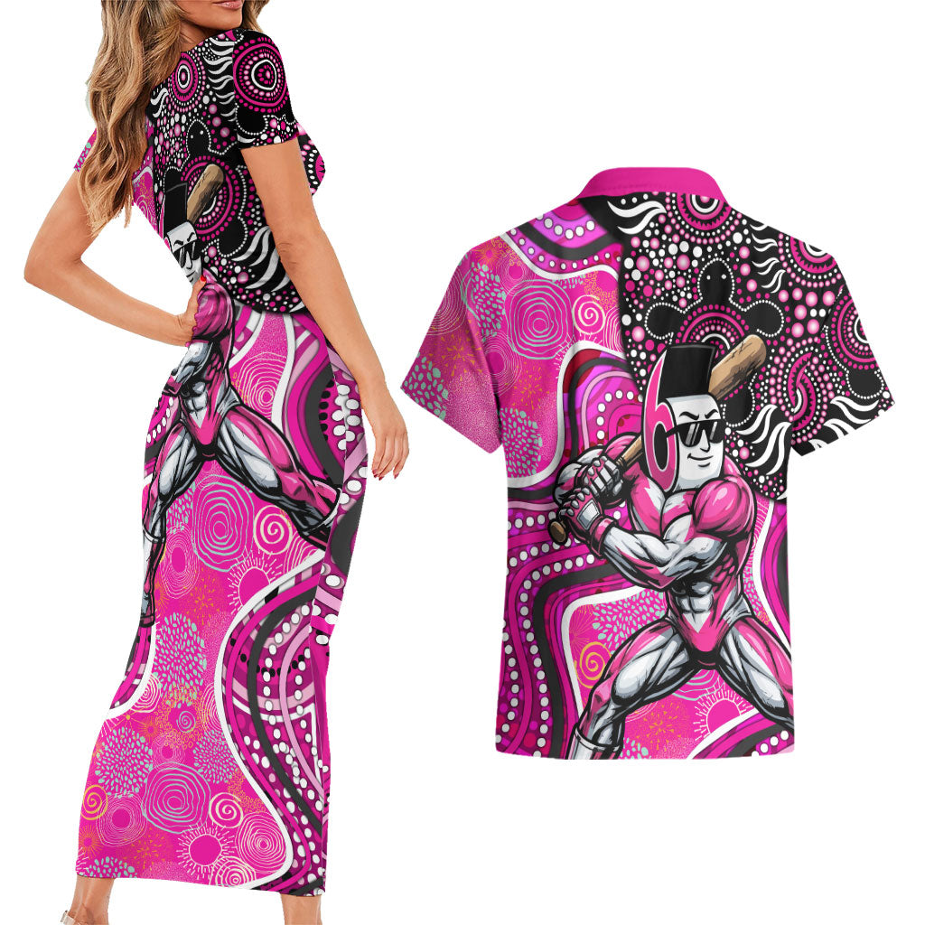 Sydney Sixers Couples Matching Short Sleeve Bodycon Dress and Hawaiian Shirt Indigenous Dot Art Superhero Batter Tribal Pattern