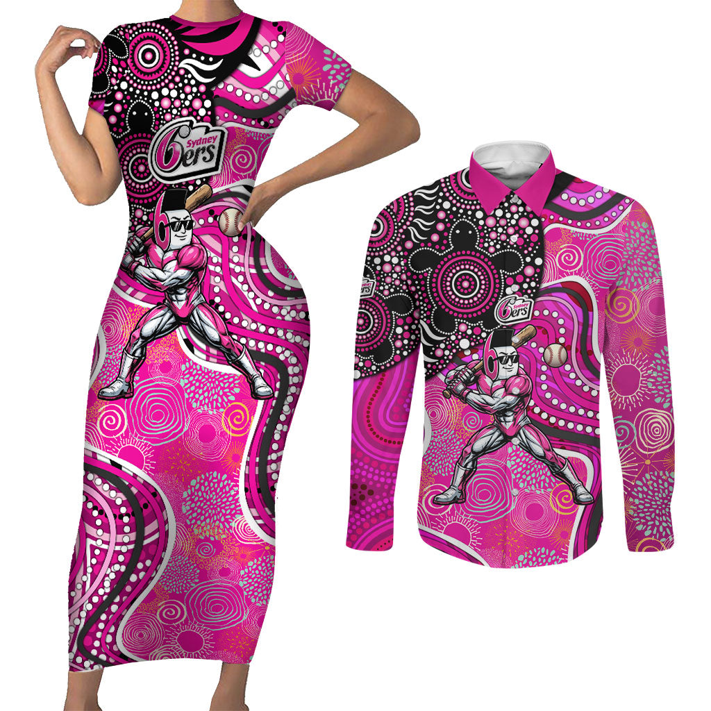 Sydney Sixers Couples Matching Short Sleeve Bodycon Dress and Long Sleeve Button Shirt Indigenous Dot Art Superhero Batter Tribal Pattern