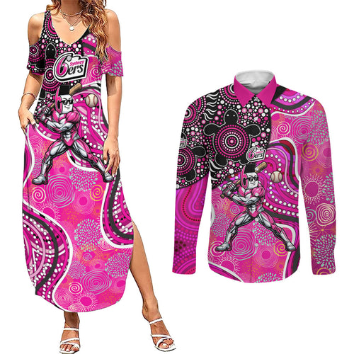 Sydney Sixers Couples Matching Summer Maxi Dress and Long Sleeve Button Shirt Indigenous Dot Art Superhero Batter Tribal Pattern