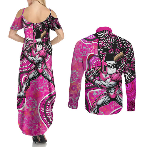 Sydney Sixers Couples Matching Summer Maxi Dress and Long Sleeve Button Shirt Indigenous Dot Art Superhero Batter Tribal Pattern