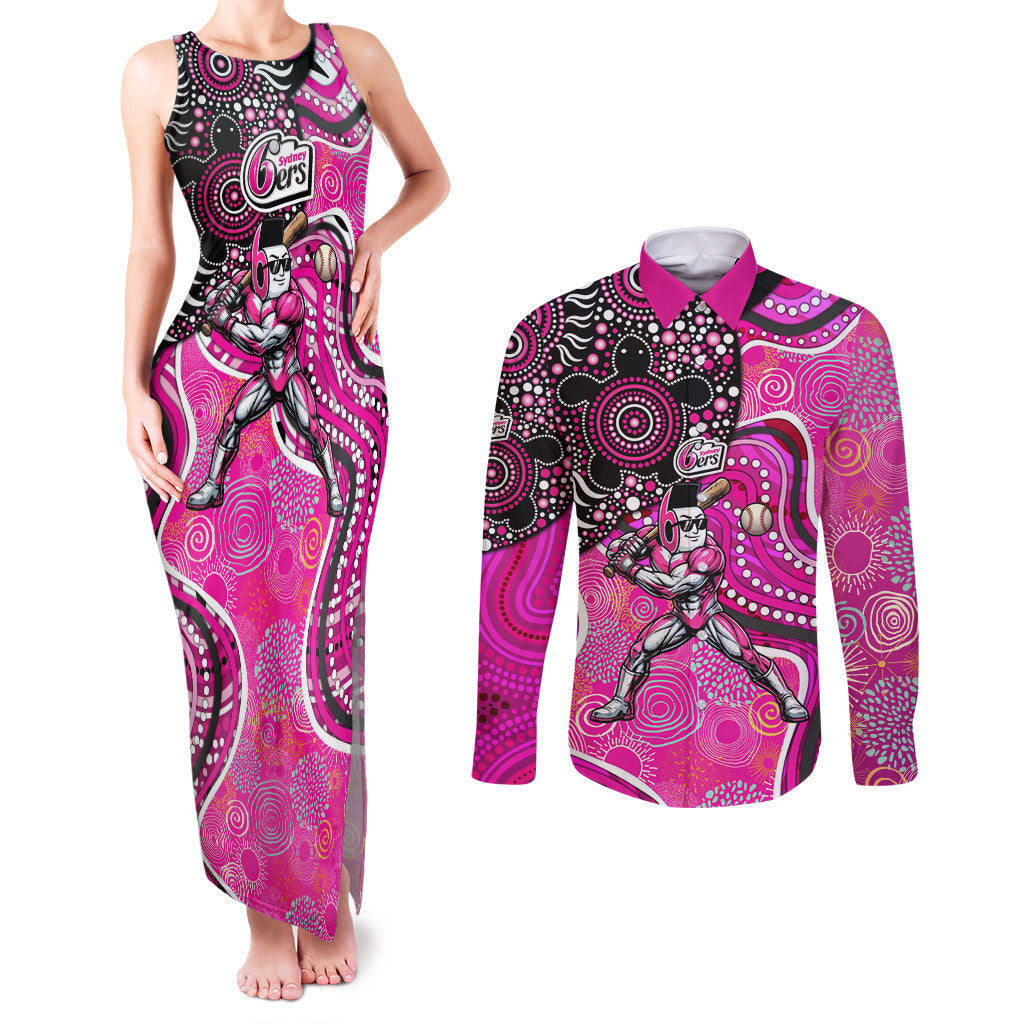 Sydney Sixers Couples Matching Tank Maxi Dress and Long Sleeve Button Shirt Indigenous Dot Art Superhero Batter Tribal Pattern