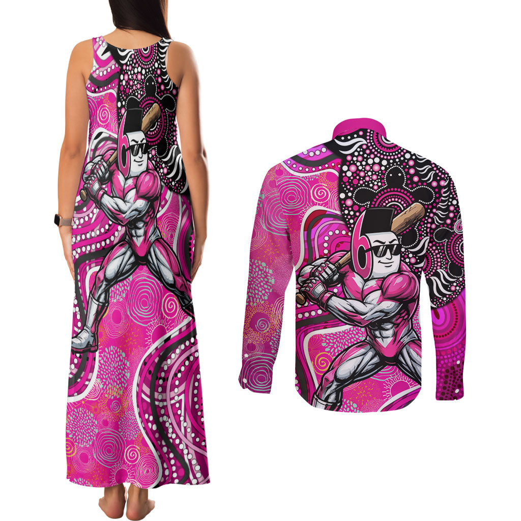 Sydney Sixers Couples Matching Tank Maxi Dress and Long Sleeve Button Shirt Indigenous Dot Art Superhero Batter Tribal Pattern