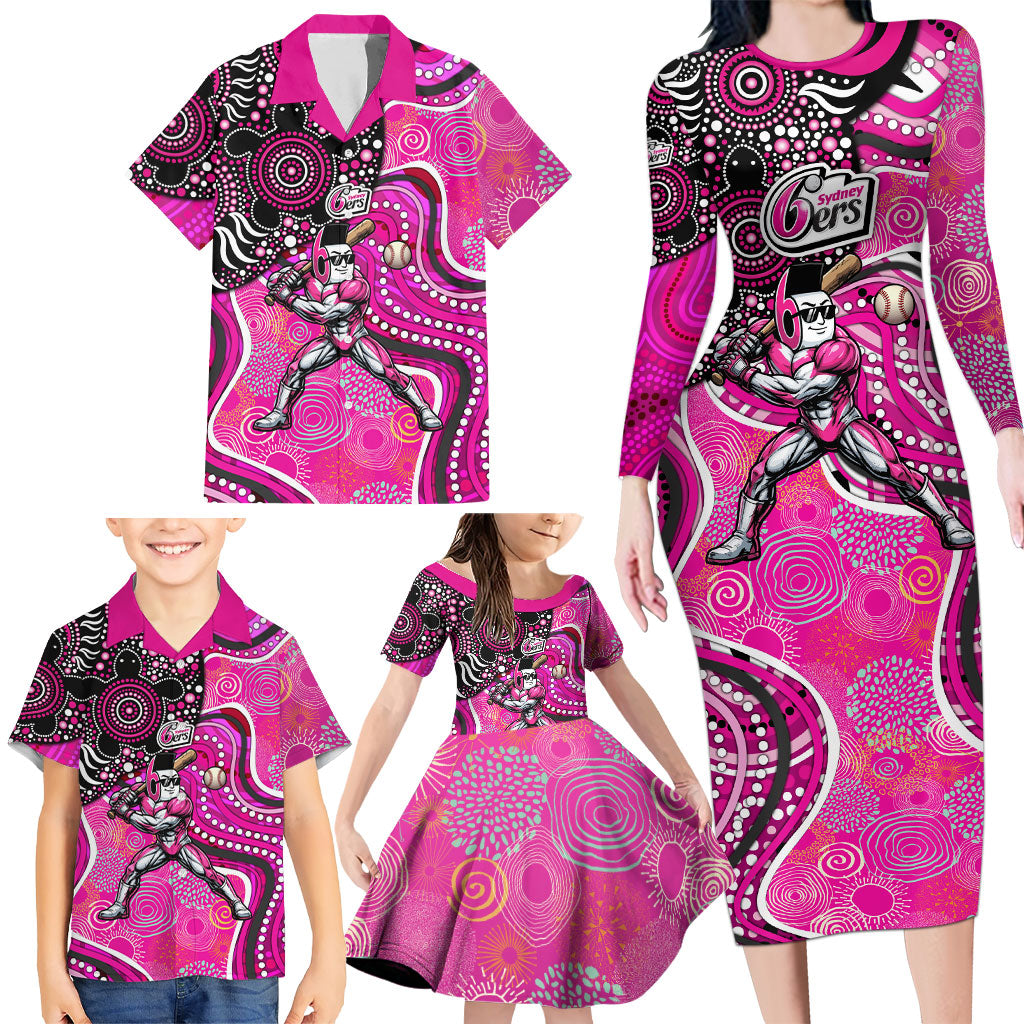 Sydney Sixers Family Matching Long Sleeve Bodycon Dress and Hawaiian Shirt Indigenous Dot Art Superhero Batter Tribal Pattern
