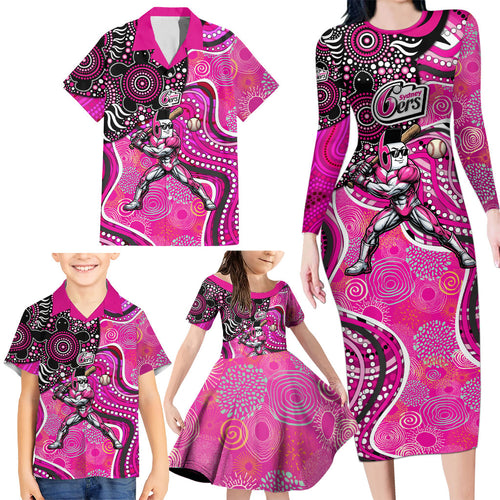 Sydney Sixers Family Matching Long Sleeve Bodycon Dress and Hawaiian Shirt Indigenous Dot Art Superhero Batter Tribal Pattern