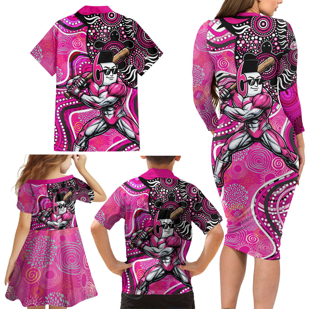 Sydney Sixers Family Matching Long Sleeve Bodycon Dress and Hawaiian Shirt Indigenous Dot Art Superhero Batter Tribal Pattern