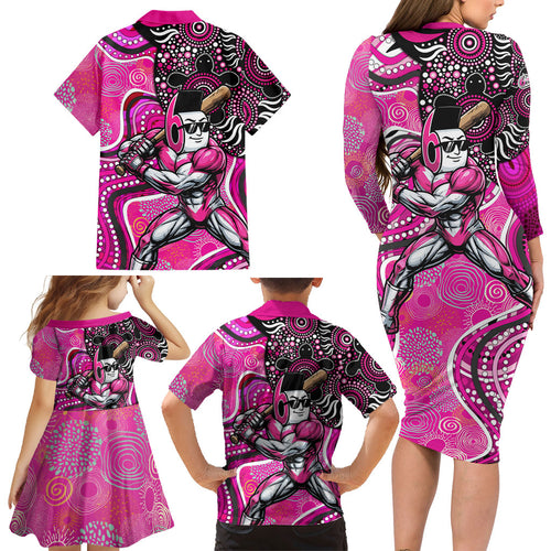 Sydney Sixers Family Matching Long Sleeve Bodycon Dress and Hawaiian Shirt Indigenous Dot Art Superhero Batter Tribal Pattern