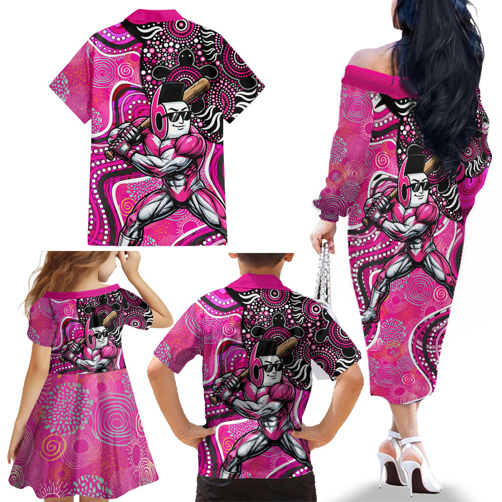 Sydney Sixers Family Matching Off The Shoulder Long Sleeve Dress and Hawaiian Shirt Indigenous Dot Art Superhero Batter Tribal Pattern