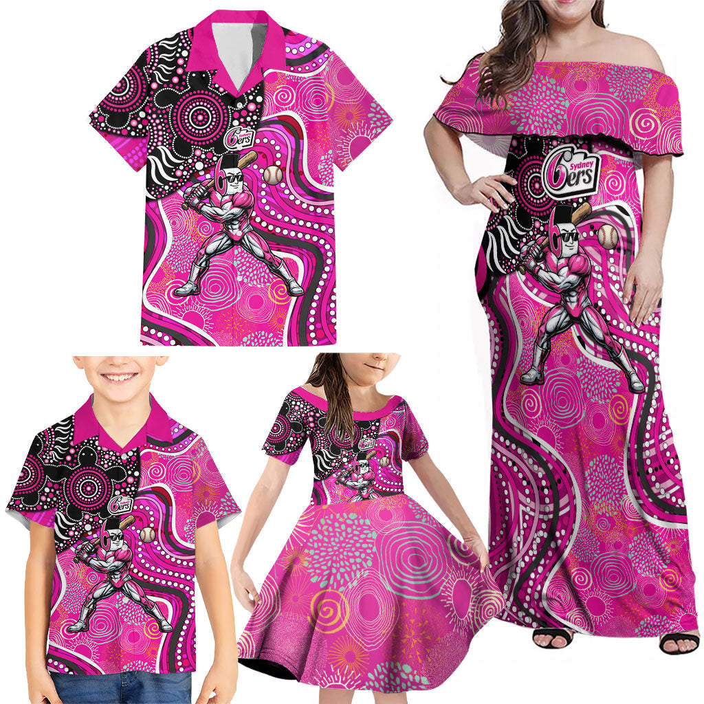 Sydney Sixers Family Matching Off Shoulder Maxi Dress and Hawaiian Shirt Indigenous Dot Art Superhero Batter Tribal Pattern