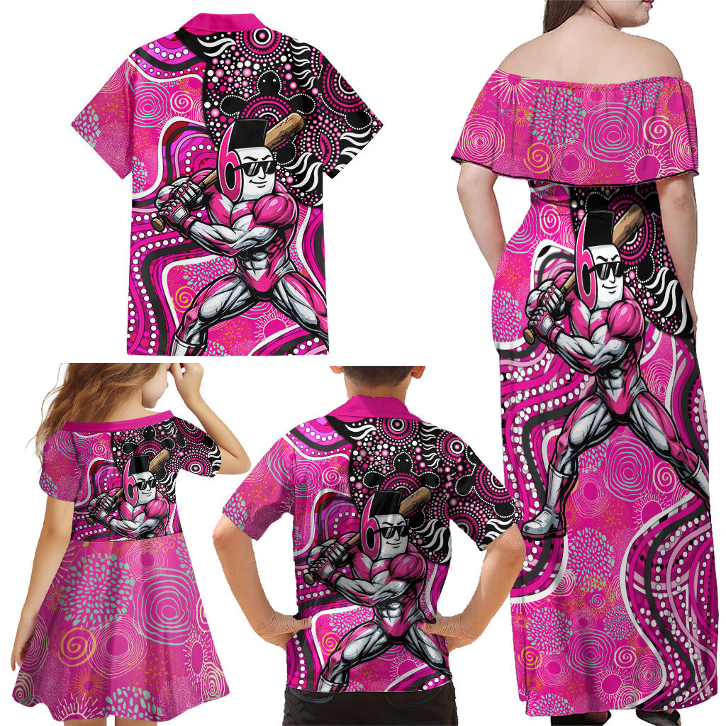 Sydney Sixers Family Matching Off Shoulder Maxi Dress and Hawaiian Shirt Indigenous Dot Art Superhero Batter Tribal Pattern