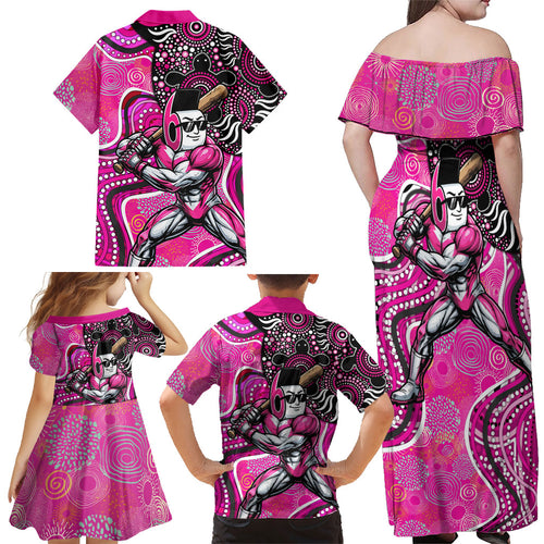 Sydney Sixers Family Matching Off Shoulder Maxi Dress and Hawaiian Shirt Indigenous Dot Art Superhero Batter Tribal Pattern