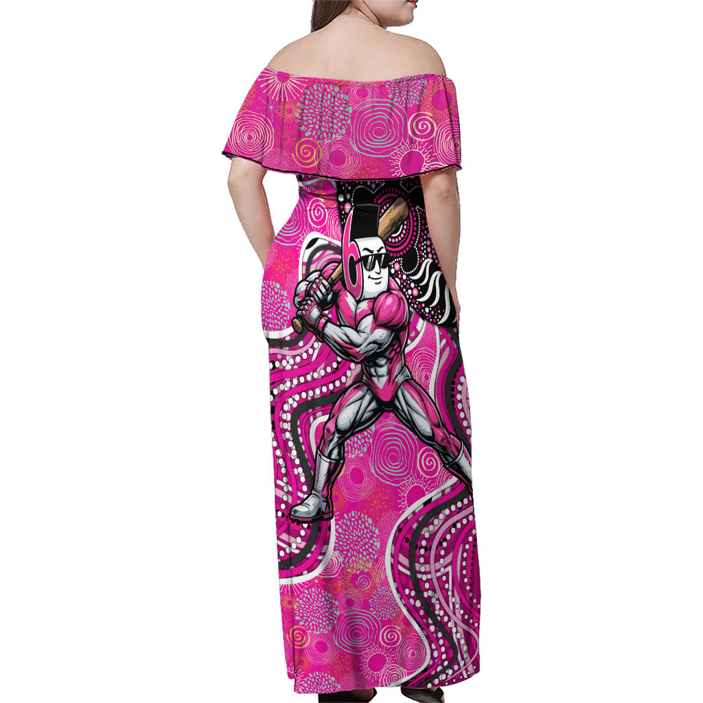 Sydney Sixers Family Matching Off Shoulder Maxi Dress and Hawaiian Shirt Indigenous Dot Art Superhero Batter Tribal Pattern