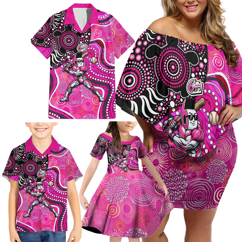 Sydney Sixers Family Matching Off Shoulder Short Dress and Hawaiian Shirt Indigenous Dot Art Superhero Batter Tribal Pattern