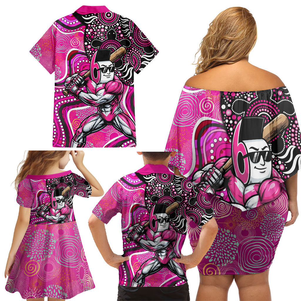 Sydney Sixers Family Matching Off Shoulder Short Dress and Hawaiian Shirt Indigenous Dot Art Superhero Batter Tribal Pattern