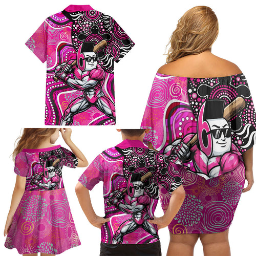 Sydney Sixers Family Matching Off Shoulder Short Dress and Hawaiian Shirt Indigenous Dot Art Superhero Batter Tribal Pattern