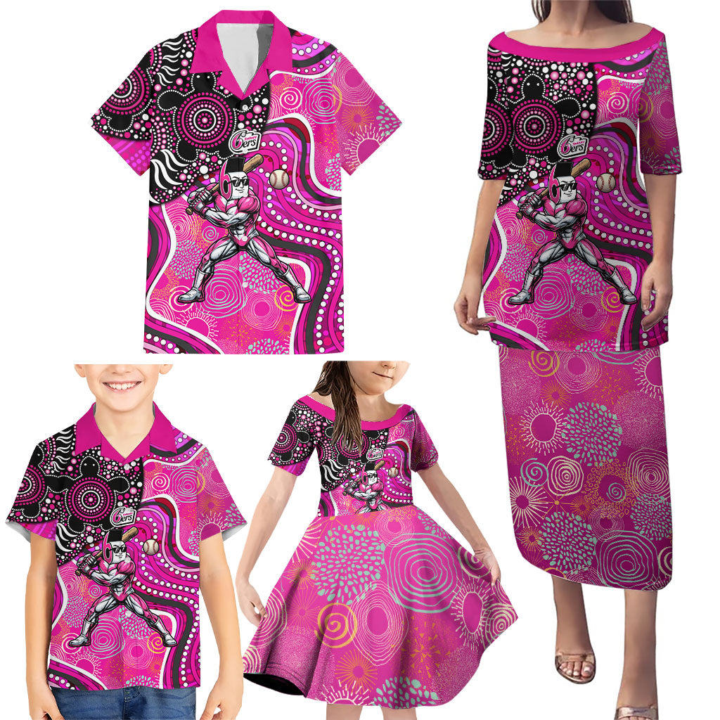 Sydney Sixers Family Matching Puletasi and Hawaiian Shirt Indigenous Dot Art Superhero Batter Tribal Pattern