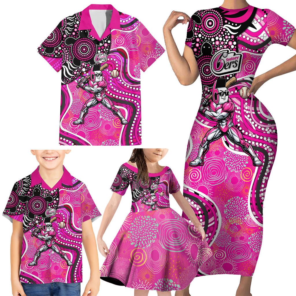 Sydney Sixers Family Matching Short Sleeve Bodycon Dress and Hawaiian Shirt Indigenous Dot Art Superhero Batter Tribal Pattern