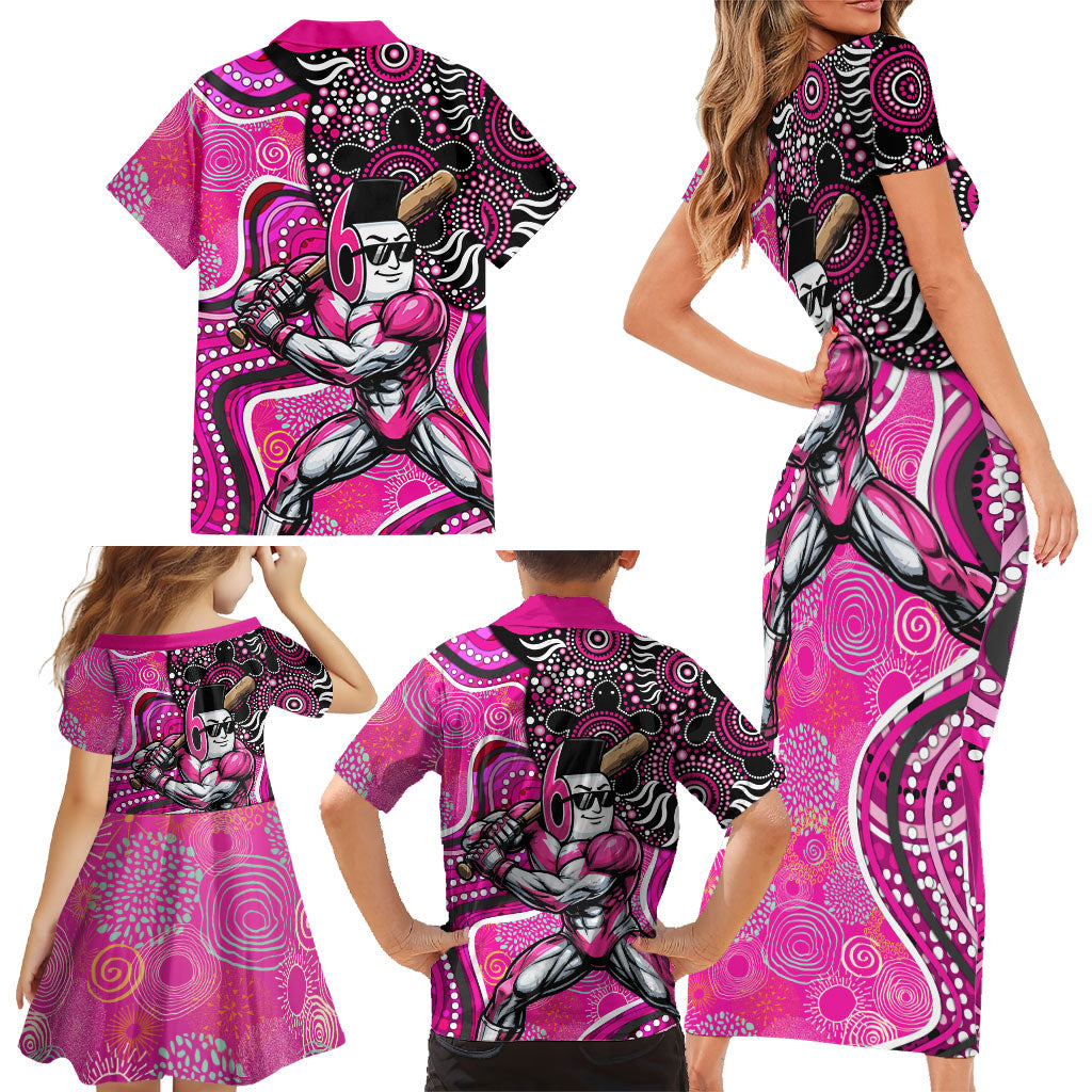 Sydney Sixers Family Matching Short Sleeve Bodycon Dress and Hawaiian Shirt Indigenous Dot Art Superhero Batter Tribal Pattern