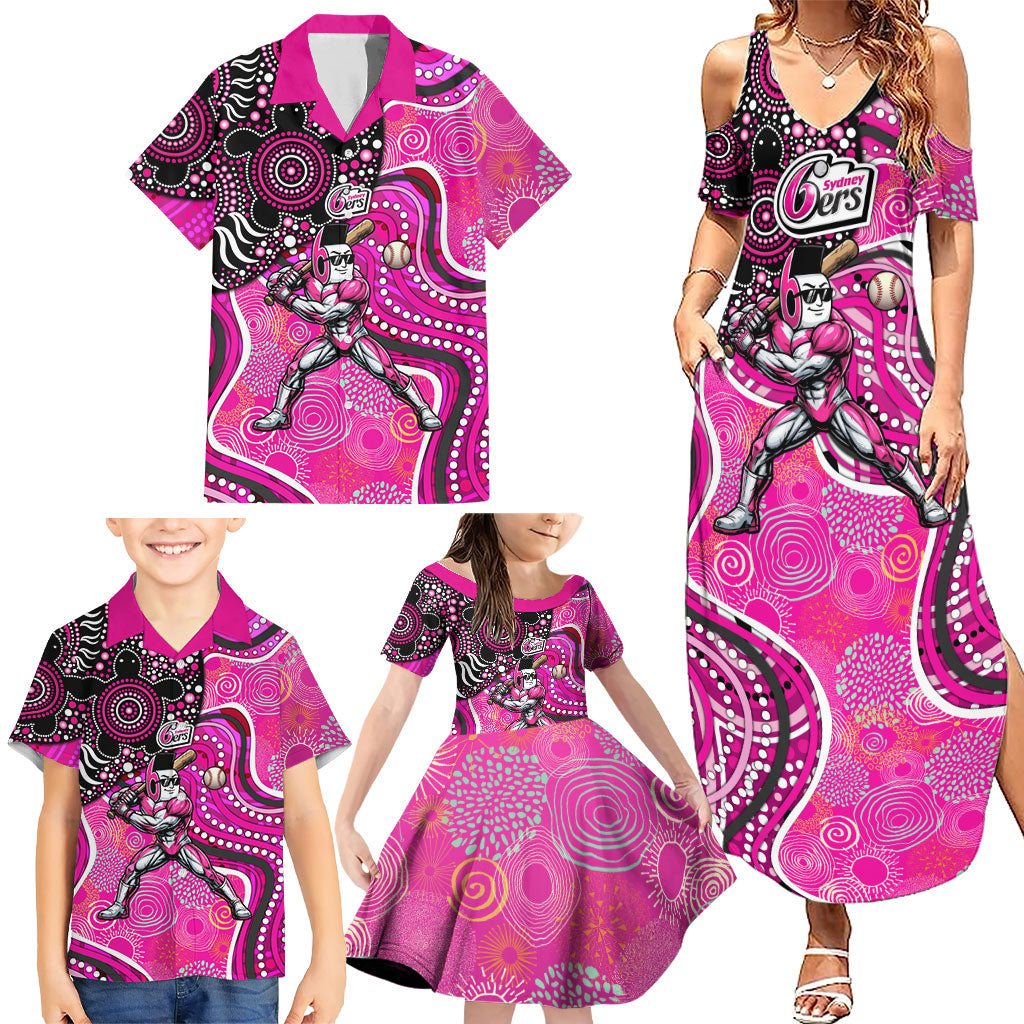 Sydney Sixers Family Matching Summer Maxi Dress and Hawaiian Shirt Indigenous Dot Art Superhero Batter Tribal Pattern