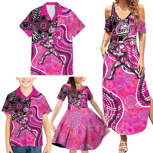 Sydney Sixers Family Matching Summer Maxi Dress and Hawaiian Shirt Indigenous Dot Art Superhero Batter Tribal Pattern
