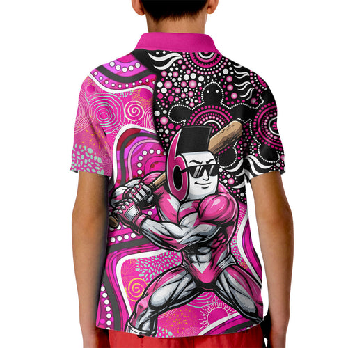 Sydney Sixers Kid Polo Shirt Indigenous Dot Art Superhero Batter Tribal Pattern