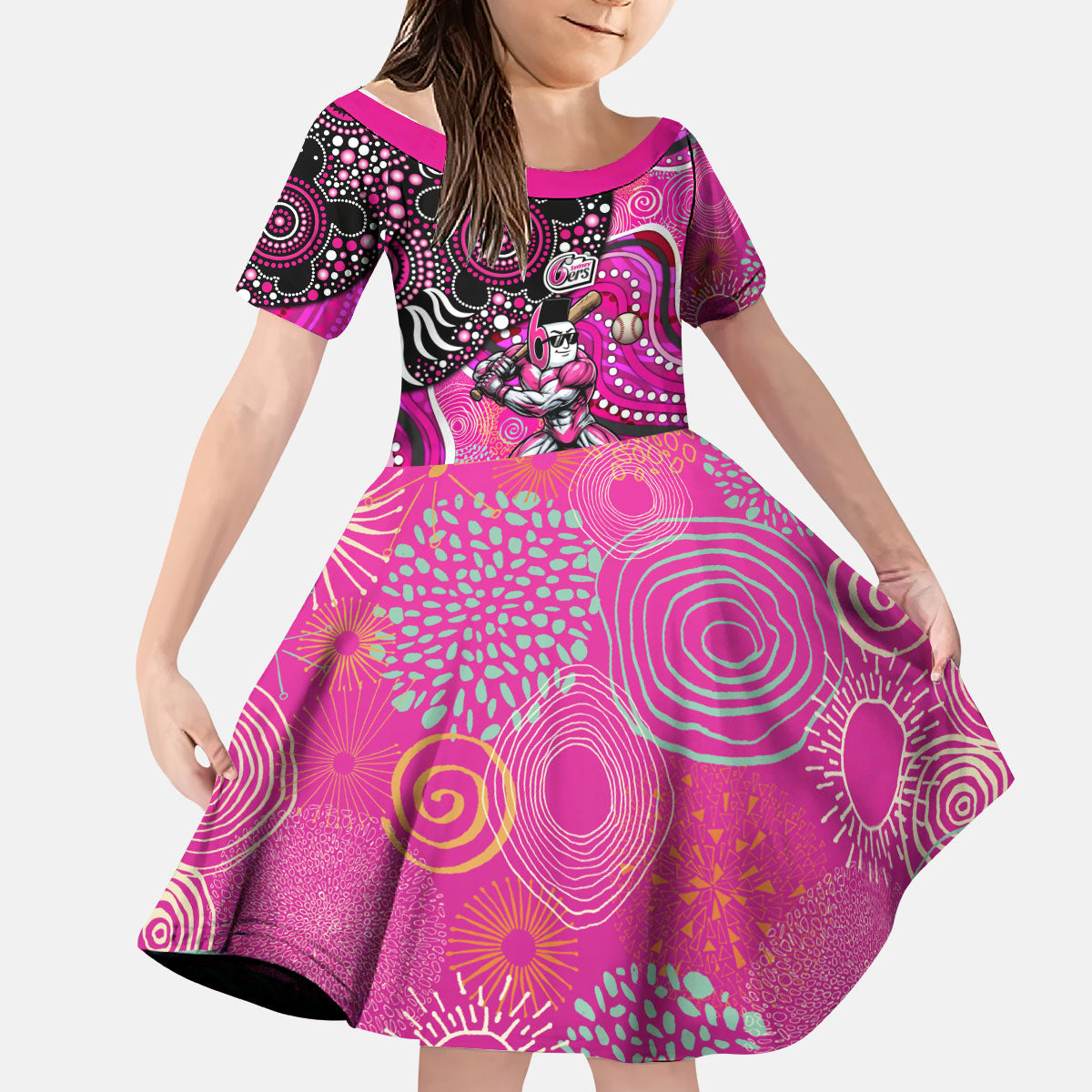 Sydney Sixers Kid Short Sleeve Dress Indigenous Dot Art Superhero Batter Tribal Pattern
