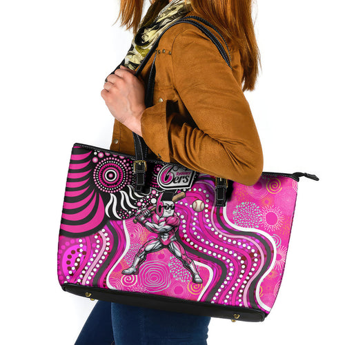 Sydney Sixers Leather Tote Bag Indigenous Dot Art Superhero Batter Tribal Pattern