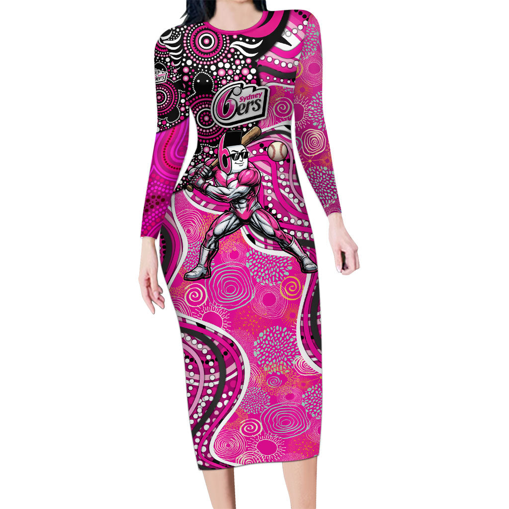 Sydney Sixers Long Sleeve Bodycon Dress Indigenous Dot Art Superhero Batter Tribal Pattern