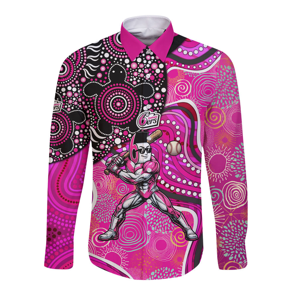 Sydney Sixers Long Sleeve Button Shirt Indigenous Dot Art Superhero Batter Tribal Pattern