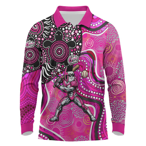 Sydney Sixers Long Sleeve Polo Shirt Indigenous Dot Art Superhero Batter Tribal Pattern