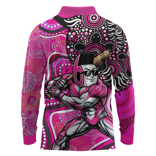 Sydney Sixers Long Sleeve Polo Shirt Indigenous Dot Art Superhero Batter Tribal Pattern