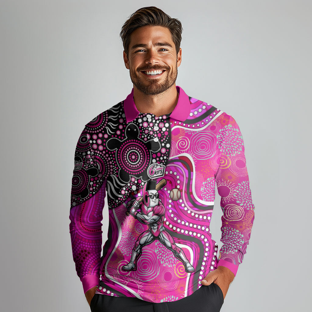 Sydney Sixers Long Sleeve Polo Shirt Indigenous Dot Art Superhero Batter Tribal Pattern