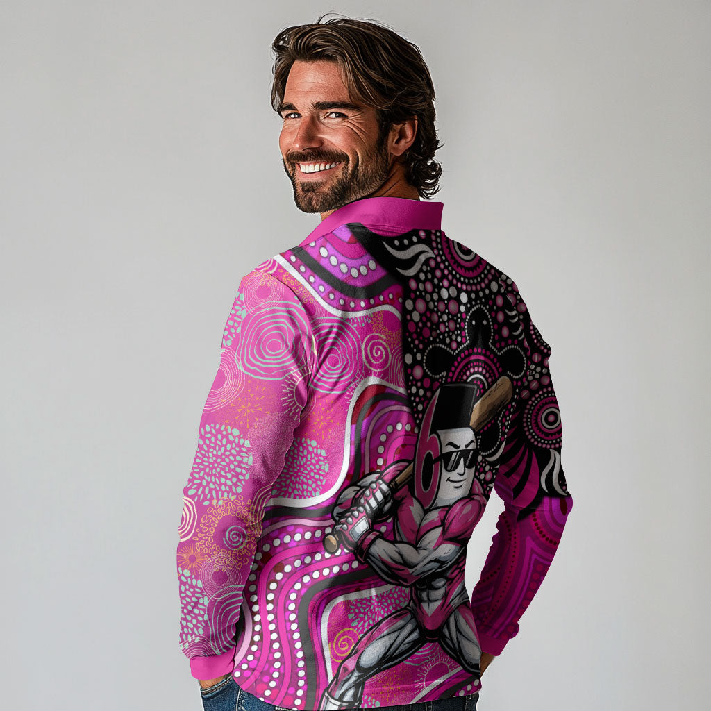 Sydney Sixers Long Sleeve Polo Shirt Indigenous Dot Art Superhero Batter Tribal Pattern