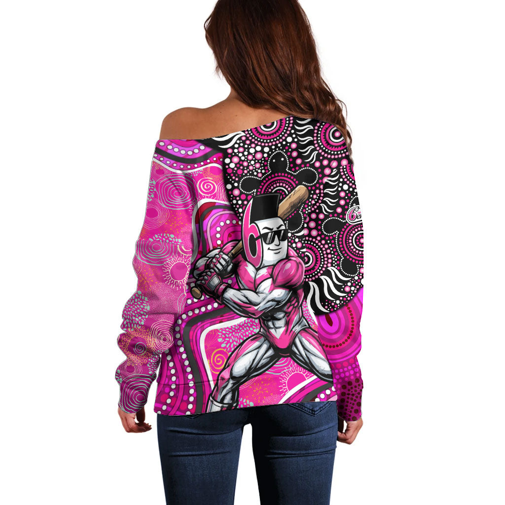 Sydney Sixers Off Shoulder Sweater Indigenous Dot Art Superhero Batter Tribal Pattern