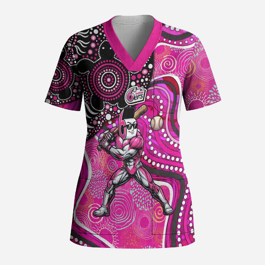 Sydney Sixers Scrub Top Indigenous Dot Art Superhero Batter Tribal Pattern