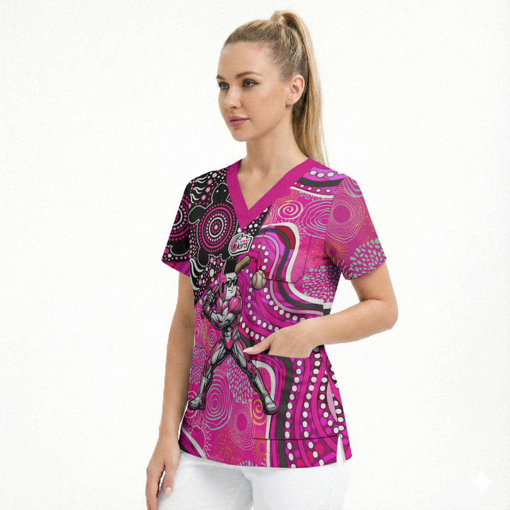 Sydney Sixers Scrub Top Indigenous Dot Art Superhero Batter Tribal Pattern