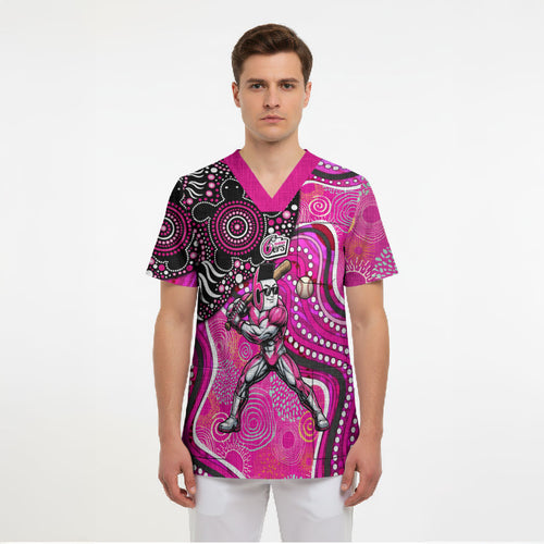 Sydney Sixers Scrub Top Indigenous Dot Art Superhero Batter Tribal Pattern