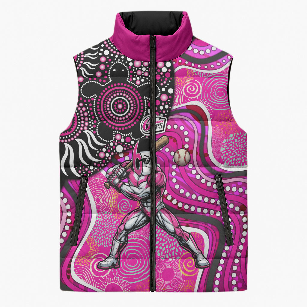 Sydney Sixers Sleeveless Puffer Jacket Indigenous Dot Art Superhero Batter Tribal Pattern
