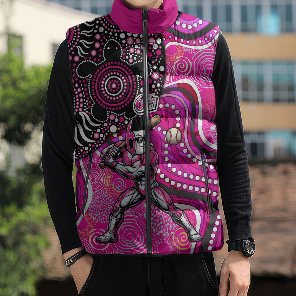 Sydney Sixers Sleeveless Puffer Jacket Indigenous Dot Art Superhero Batter Tribal Pattern