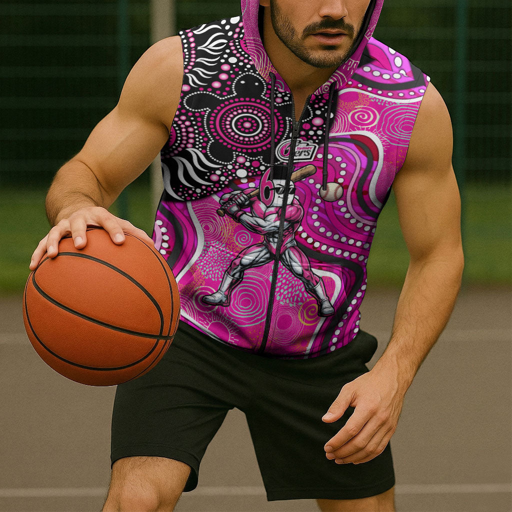 Sydney Sixers Sleeveless Zip Hoodie Indigenous Dot Art Superhero Batter Tribal Pattern