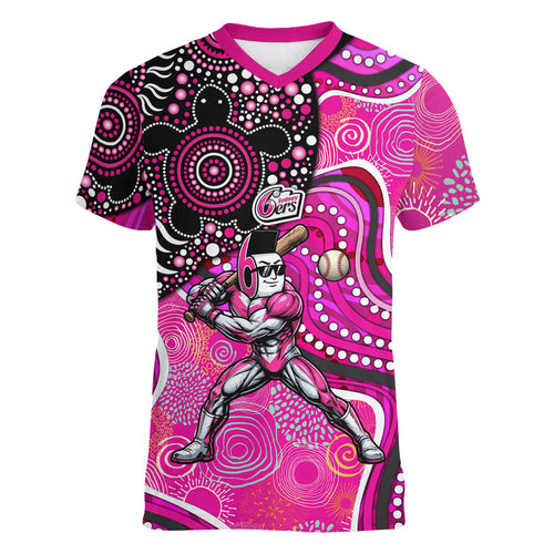 Sydney Sixers Women V-Neck T-Shirt Indigenous Dot Art Superhero Batter Tribal Pattern