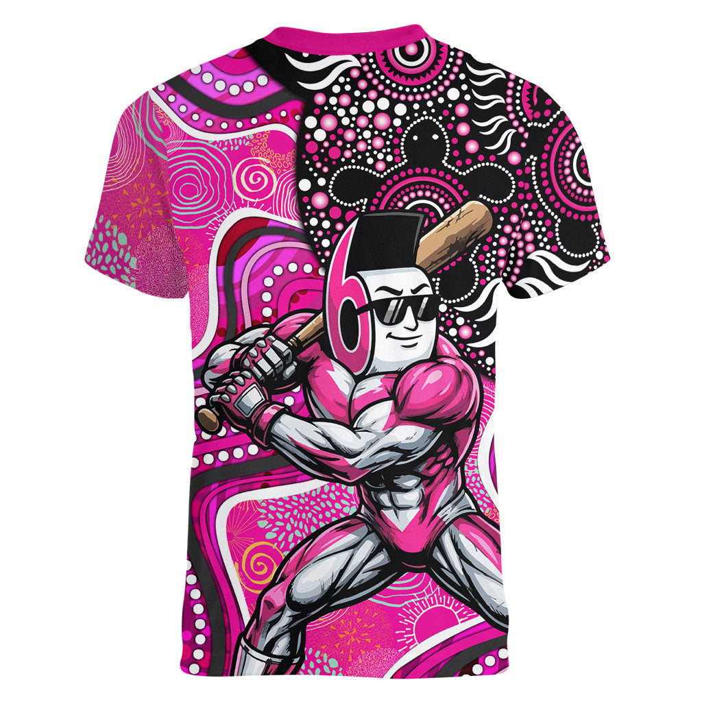 Sydney Sixers Women V-Neck T-Shirt Indigenous Dot Art Superhero Batter Tribal Pattern