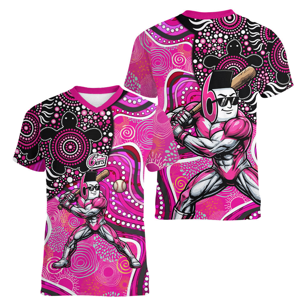 Sydney Sixers Women V-Neck T-Shirt Indigenous Dot Art Superhero Batter Tribal Pattern