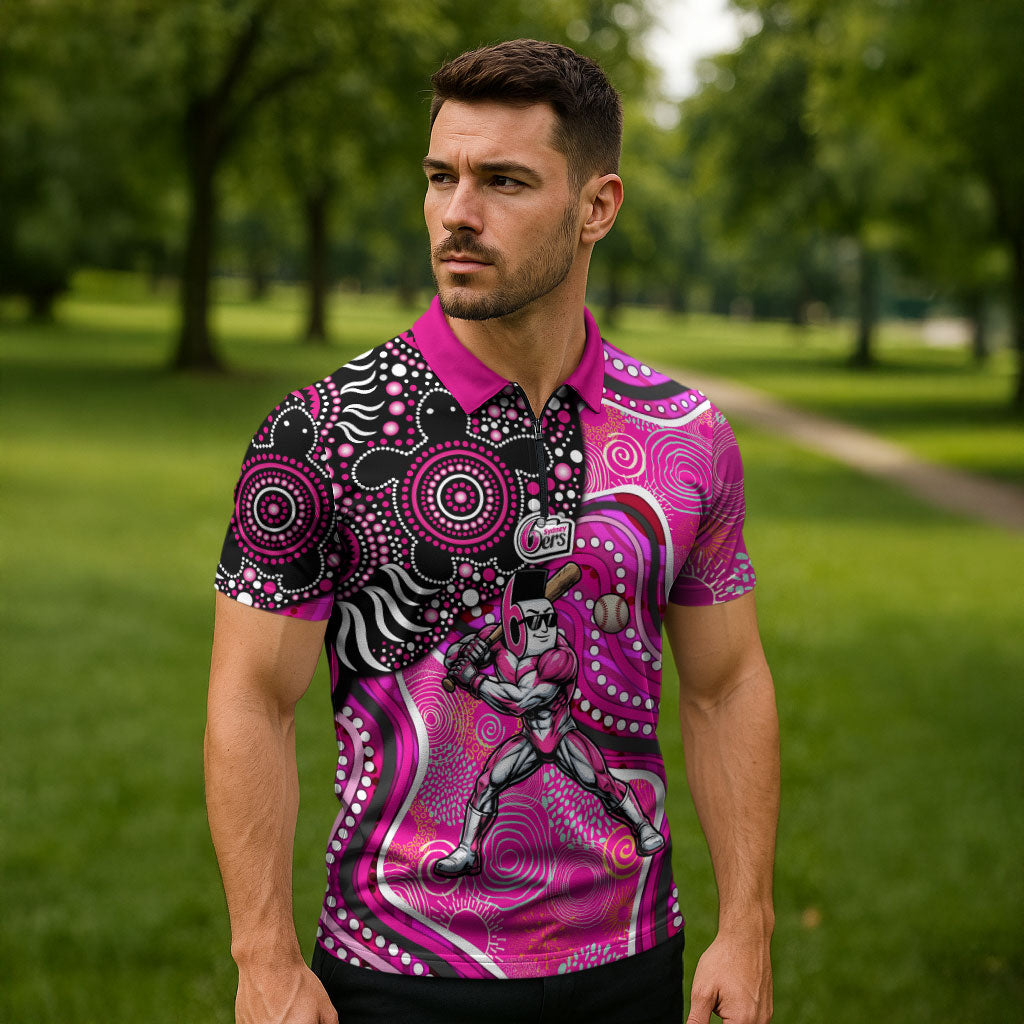 Sydney Sixers Zipper Polo Shirt Indigenous Dot Art Superhero Batter Tribal Pattern